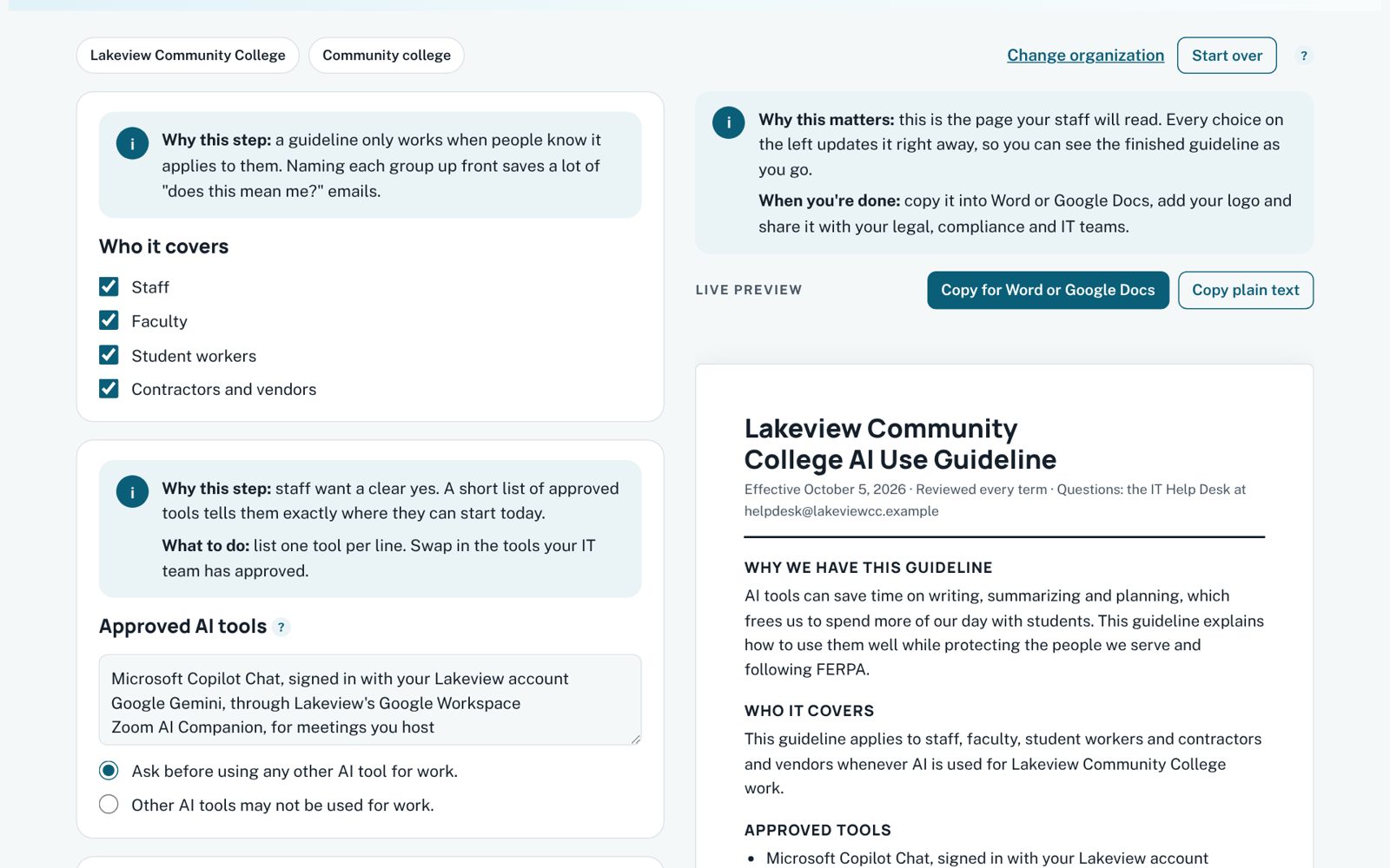 Screenshot of AI Use Guidelines Builder